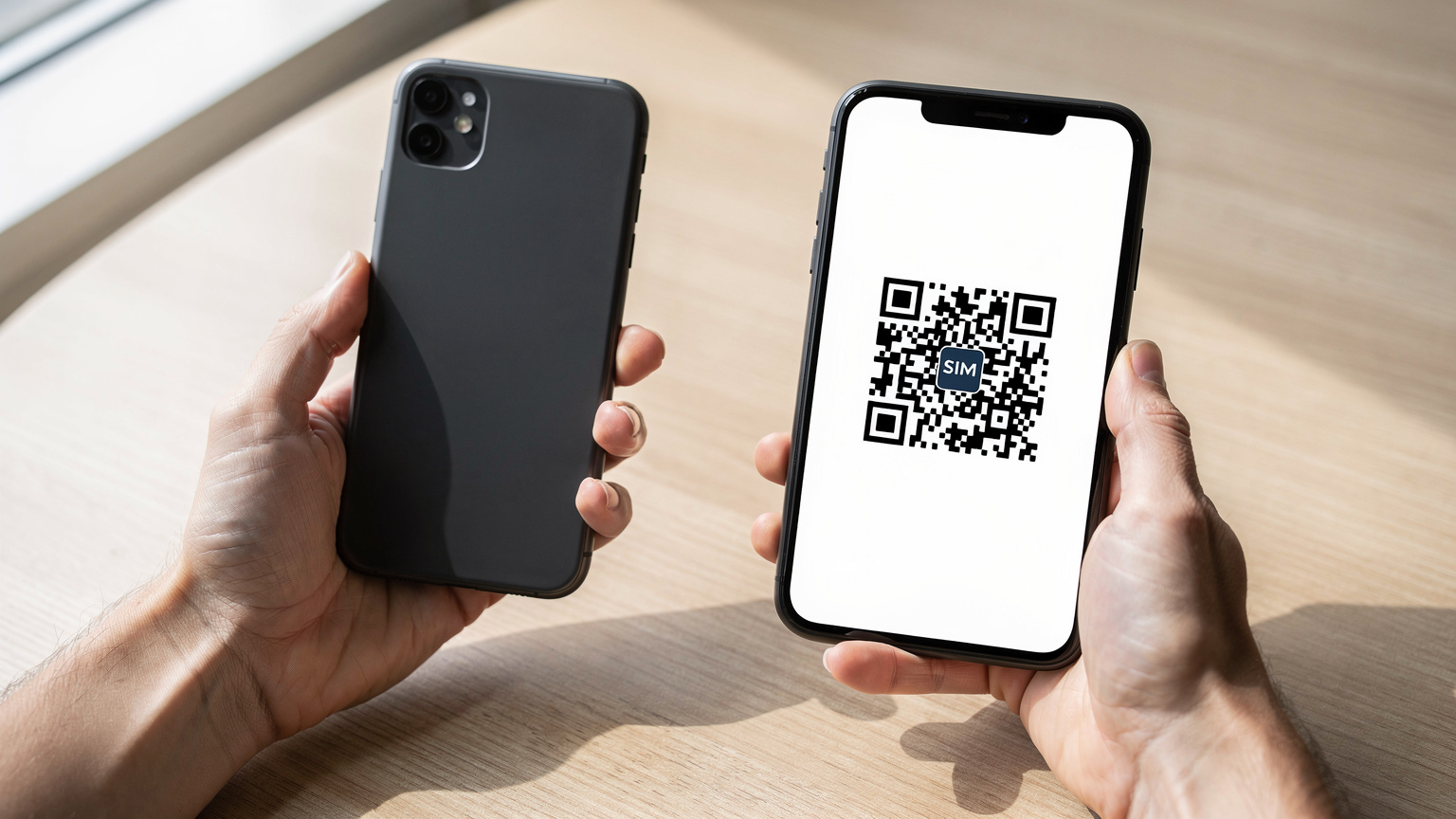Close-up of a traveler's hands holding a smartphone, with a QR code displayed on a separate device, demonstrating eSIM activation.