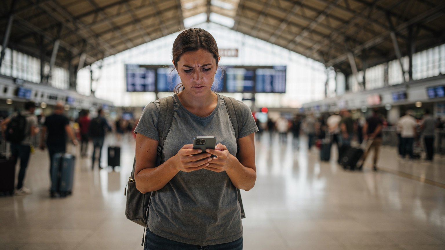 A woman, mid-30s, with a small backpack, looking at her smartphone with a slight frown while standing in the bustling main hall of Roma Termini train station, surrounded by other travelers.