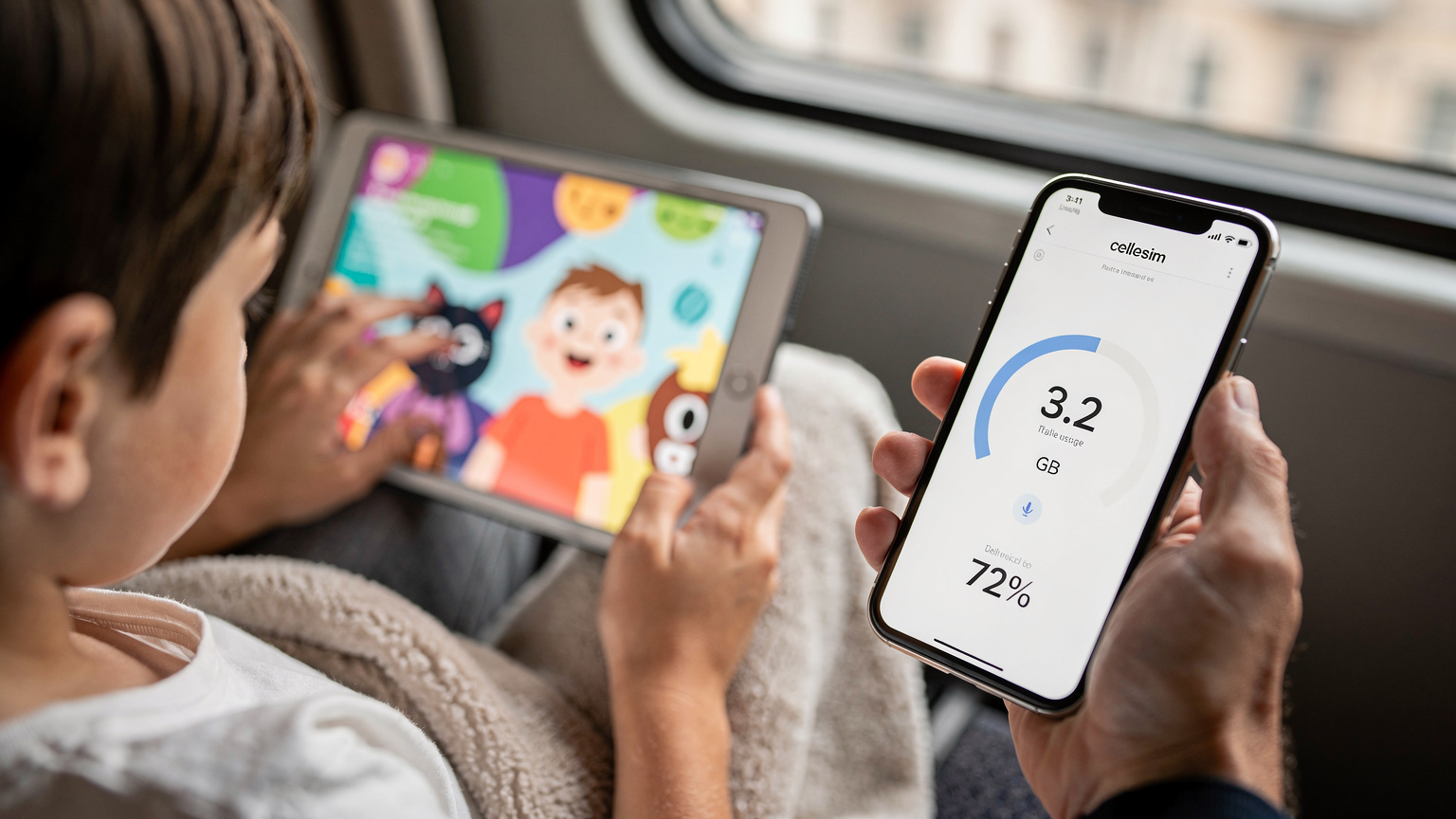 A child's hand, aged around 8, holding an iPad displaying a colorful animated streaming service, while a parent's hand gently points to an open Cellesim app on an iPhone in the foreground, showing a data usage tracker.