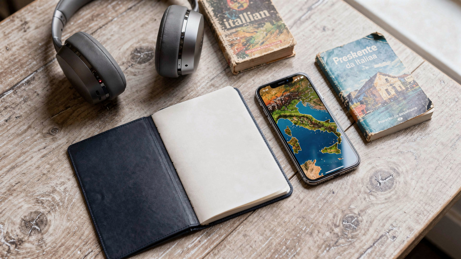 An editorial overhead flat-lay of essential travel items for an Italian trip: a dark blue passport, a Cellesim-enabled smartphone displaying a vibrant map of Italy, noise-cancelling headphones, and a compact Italian phrasebook, all neatly arranged on a rustic wooden table.
