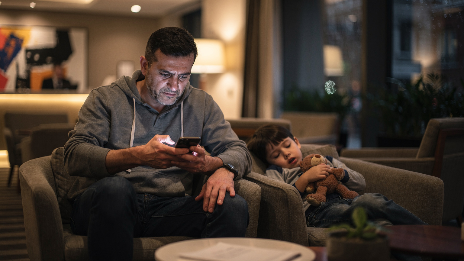 Bir baba, Londra'daki bir otel lobisinde otururken akıllı telefonunda veri kullanımını kontrol ediyor, yanında uyuklayan bir çocuk var.