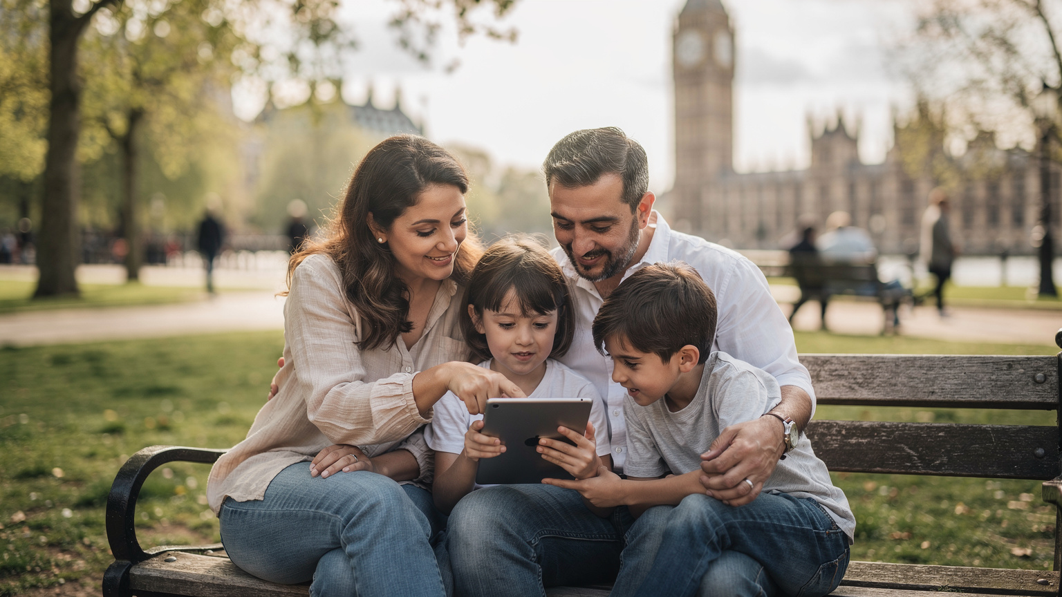 Londra'da bir aile, çocuklarının tabletlerine indirdikleri eğitici uygulamaları gösteriyor, arka planda Big Ben silüeti görünüyor.