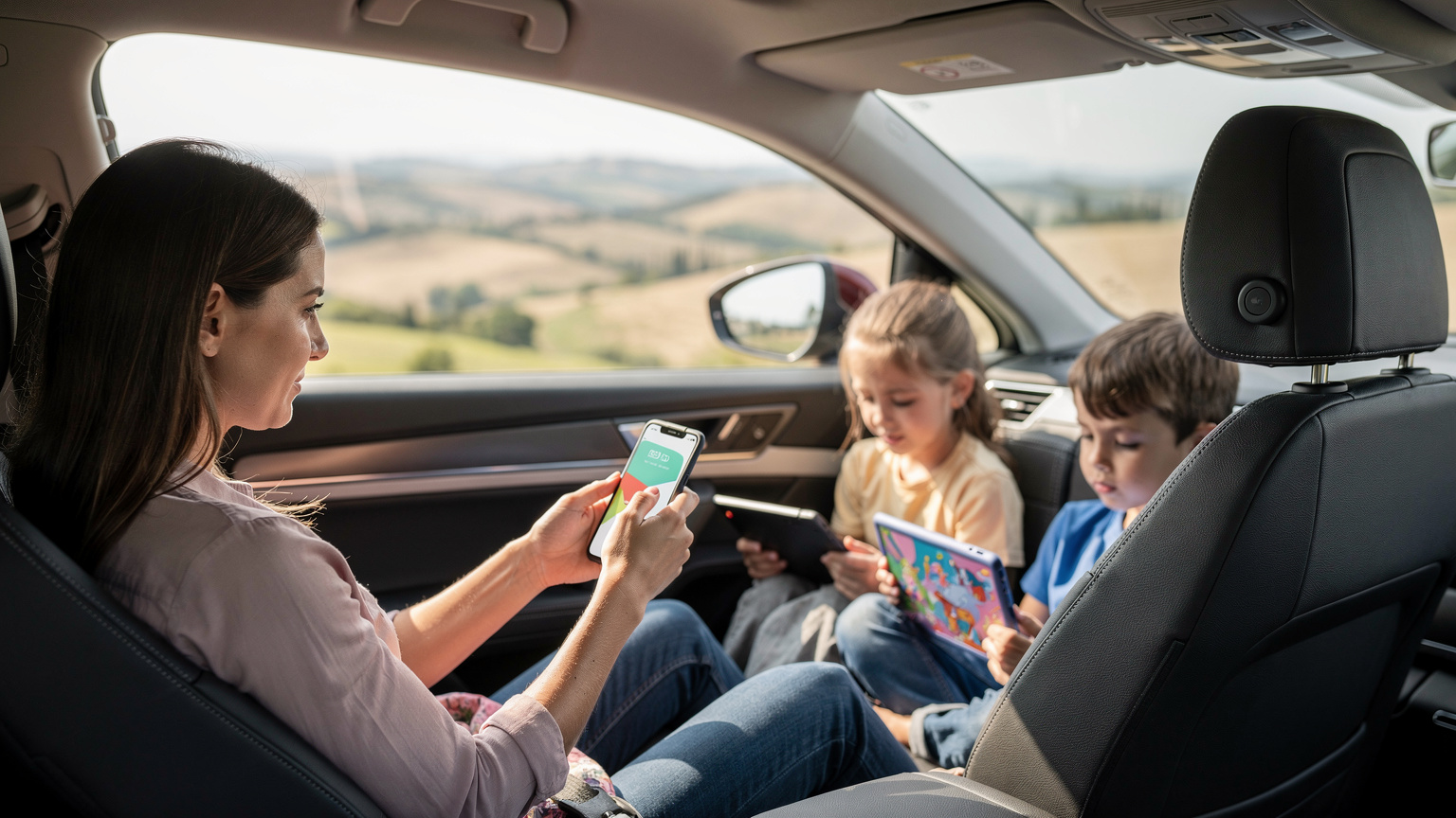Eine Mutter schaut auf ihrem Smartphone auf eine eSIM-Verwaltungs-App, während ihre beiden Kinder auf der Rückbank des Autos konzentriert auf ihre Tablets blicken und Zeichentrickfilme schauen.