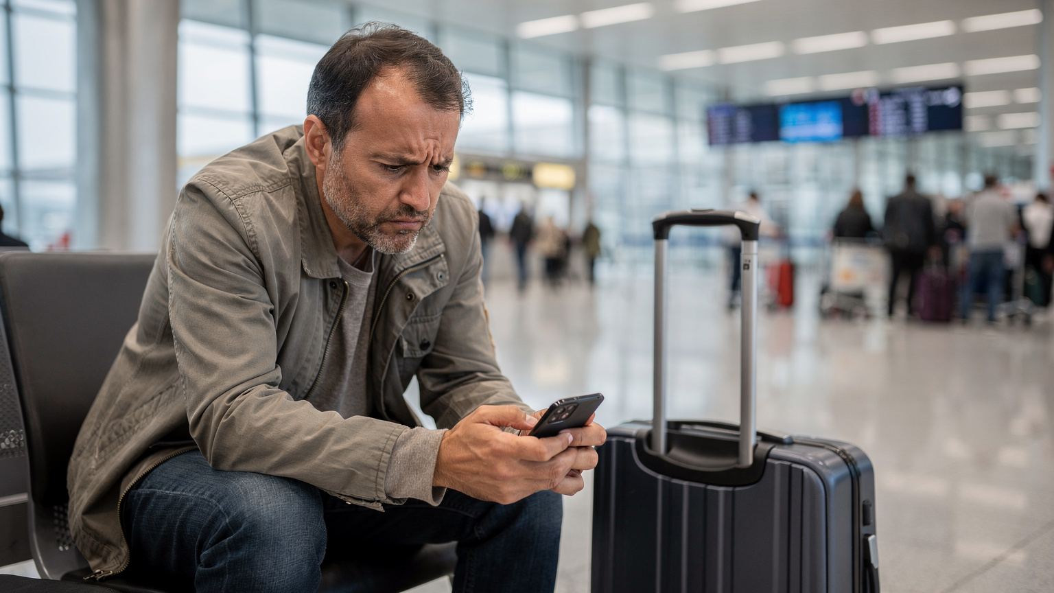 Un viaggiatore frustrato guarda il suo smartphone in un affollato aeroporto di Madrid Barajas, con un'espressione di preoccupazione, mentre una valigia è appoggiata accanto a lui. L'illuminazione artificiale dell'aeroporto crea un'atmosfera fredda e stressante.