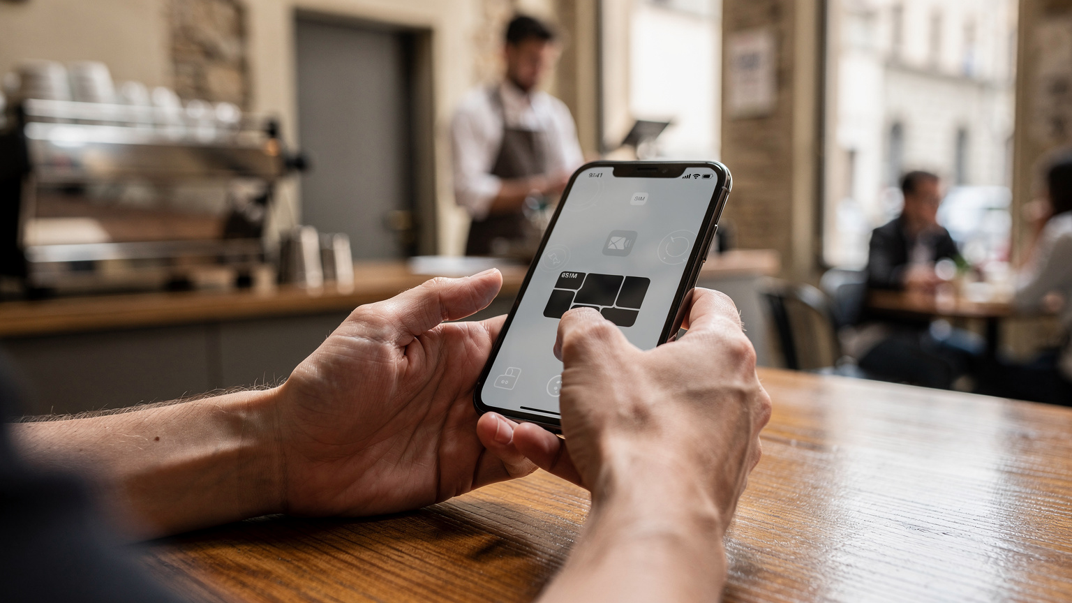 Un primo piano di mani che tengono uno smartphone, mostrando l'interfaccia di attivazione di una eSIM, con uno sfondo sfocato di un accogliente caffè. L'atmosfera è rilassata e produttiva.