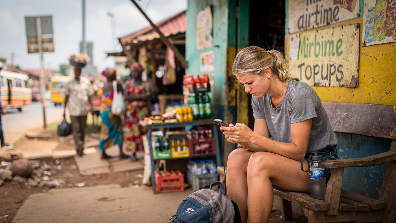 En ung dansk kvinde sidder på en træbænk udenfor en lille, farverig butik i Arushas centrum, Tanzania, og ser frustreret på sin telefon, mens hun venter på at få et lokalt SIM-kort aktiveret.