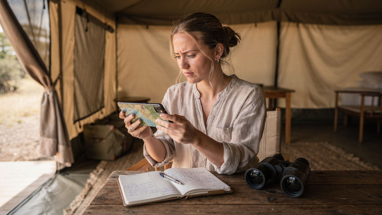 En ung kvinde holder sin telefon, mens hun ser på et digitalt kort over Masai Mara, planlægger ruten for sin safari i Kenya.