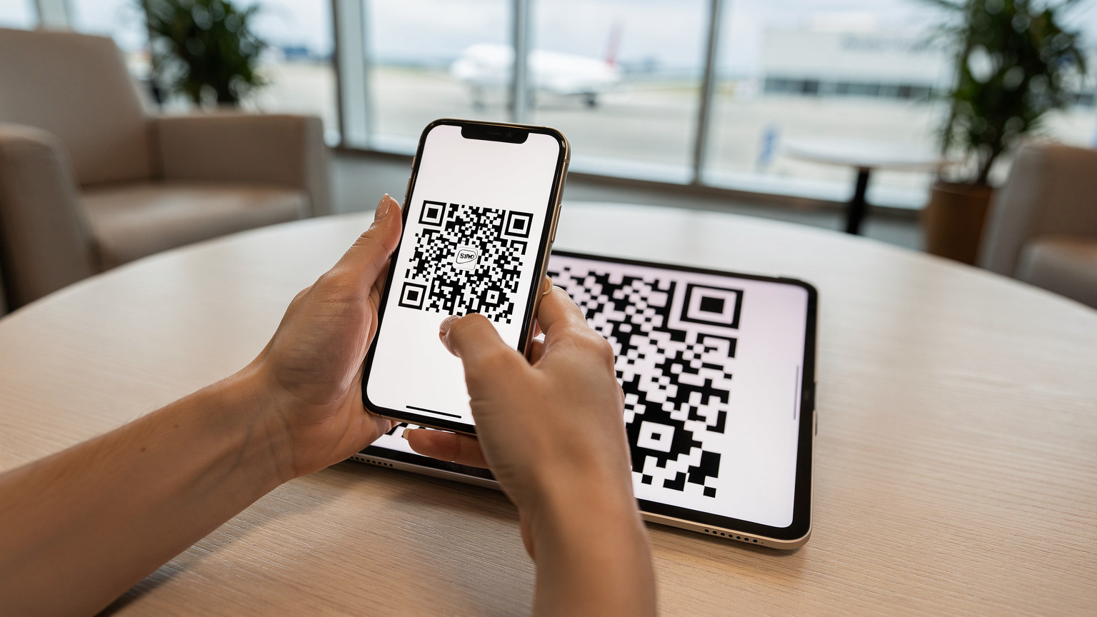 Nærbillede af en persons hænder, der holder en smartphone og scanner en QR-kode for at installere et eSIM i en lufthavnslounge.