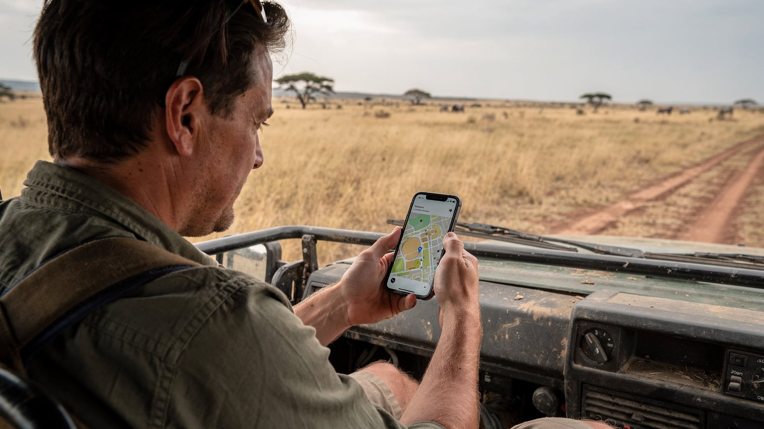 A budget traveler in a safari jeep looking at their smartphone with a map open, contemplating the vastness of the Serengeti, ensuring their eSIM is active before heading off-grid.