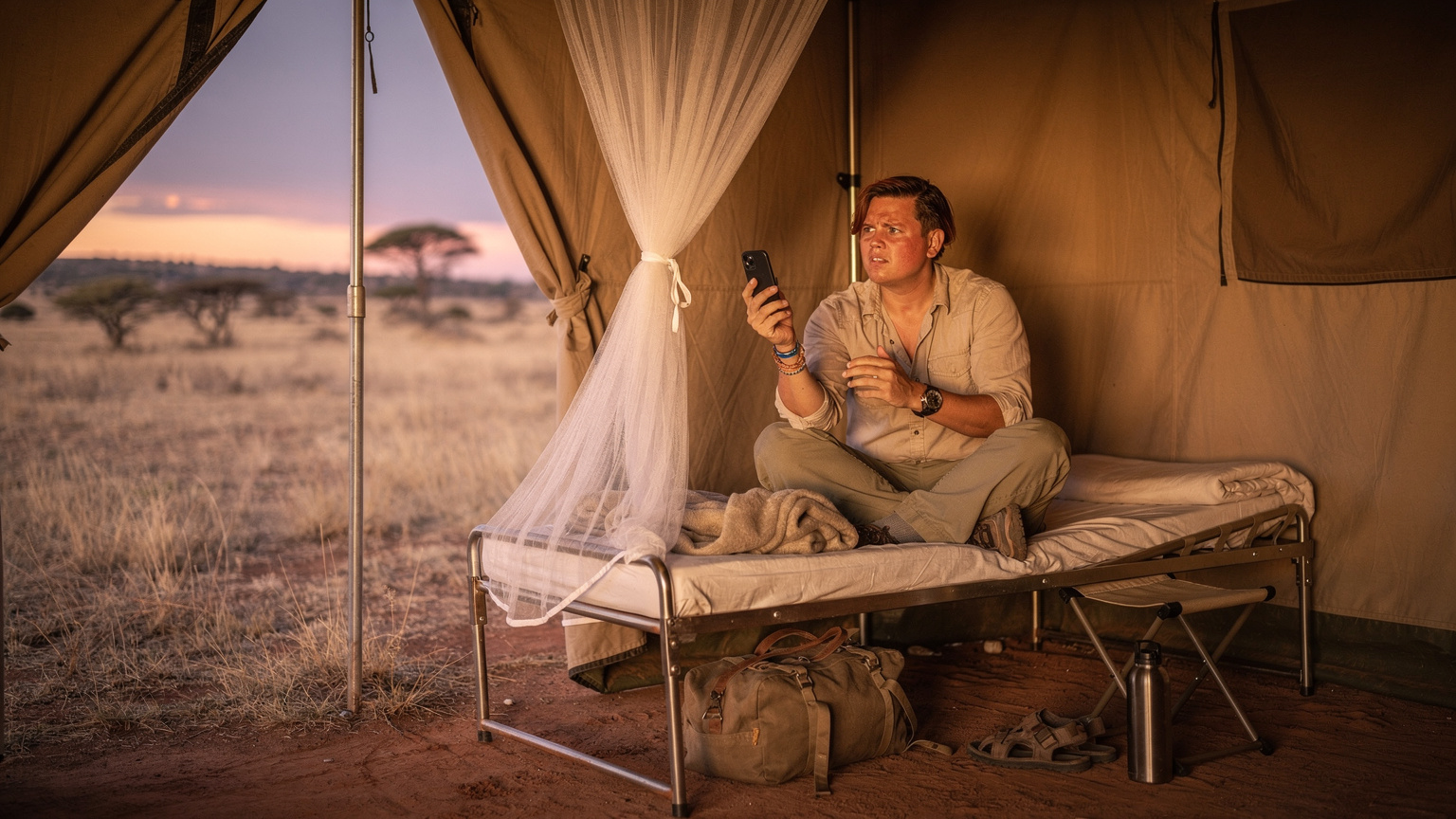 A traveler in a simple safari tent, looking out at the savanna at dusk, holding their phone and trying to get a signal, highlighting the occasional challenge of remote connectivity even with an eSIM.