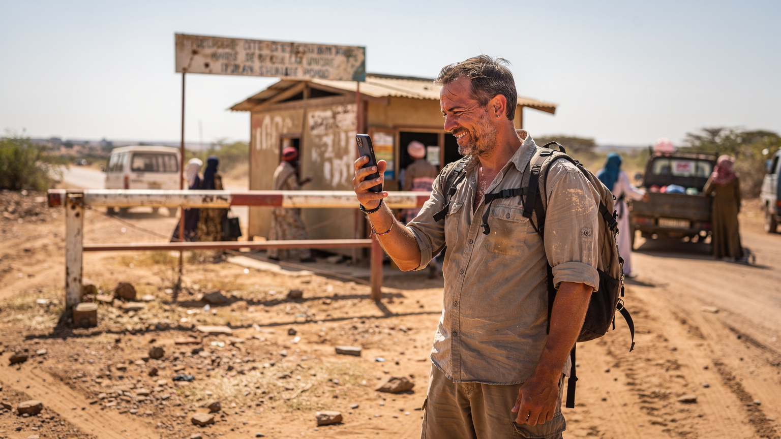 A traveler at a dusty, remote East African border crossing, looking at their phone with a relieved expression, seeing network bars, indicating their Cellesim eSIM is working across the border.