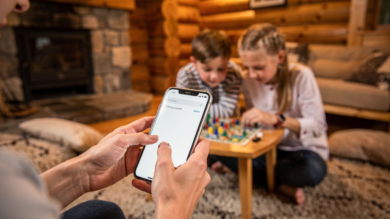 Een moeder past de schermtijdinstellingen aan op haar smartphone, terwijl haar twee kinderen in de achtergrond spelen in een gezellige Finse blokhut.