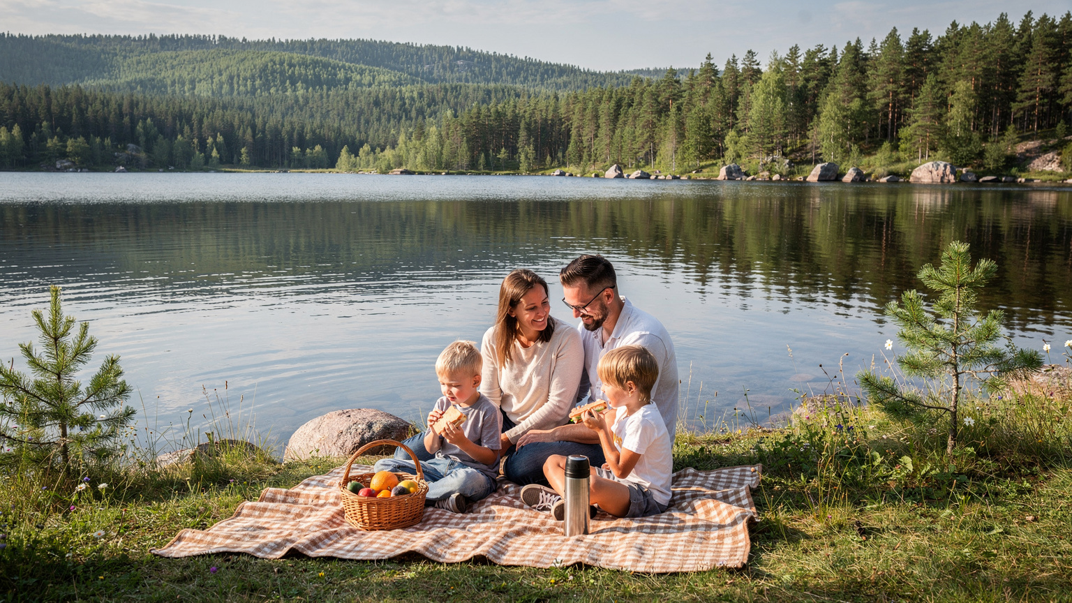 Een gezin geniet van een picknick aan de rand van een Fins meer, omringd door dichte bossen en de rust van de natuur, de kinderen eten lachend sandwiches.