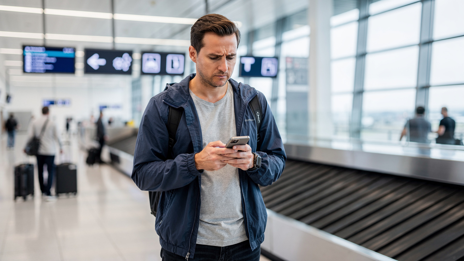 Ein Reisender am Flughafen Berlin Brandenburg (BER) blickt besorgt auf sein Smartphone, während er versucht, eine Verbindung herzustellen, mit dem Ankunftsbereich im Hintergrund.