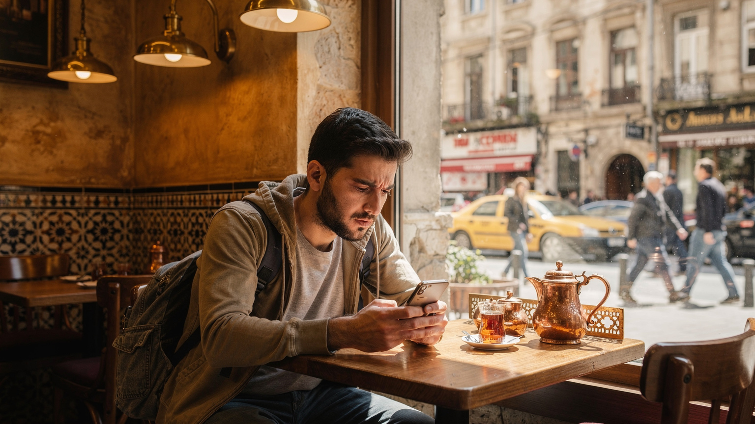 Ein Reisender sitzt in einem überfüllten Café im Viertel Beyoğlu in Istanbul und versucht, sich mit dem WLAN zu verbinden, während er frustriert auf sein Smartphone schaut. Im Hintergrund ist eine typisch geschäftige türkische Straße zu sehen.