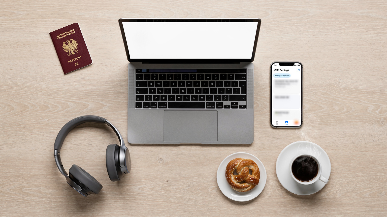 Eine stilvolle Overhead-Ansicht eines Schreibtisches in einem modernen Co-Working-Space in München, mit einem Laptop, einem Smartphone mit eSIM-Interface, einem Reisepass und einer Tasse Kaffee.