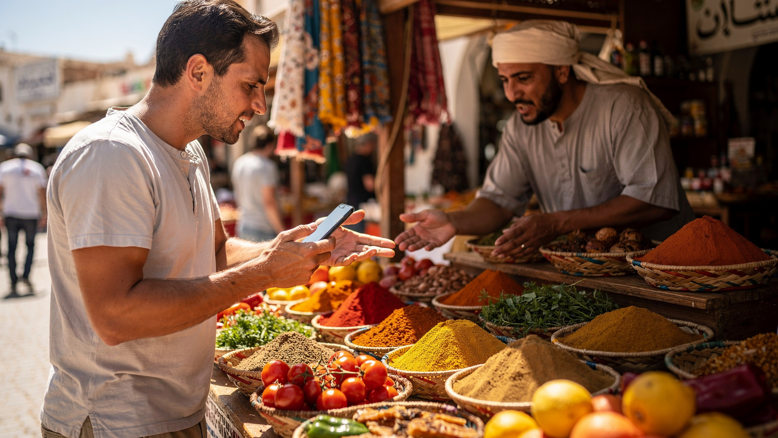 Un voyageur concentré, utilisant la fonction de traduction vocale de son smartphone pour communiquer avec une vendeuse de street food dans un marché animé de Djerba, l'air chaud et les épices flottant autour d'eux.