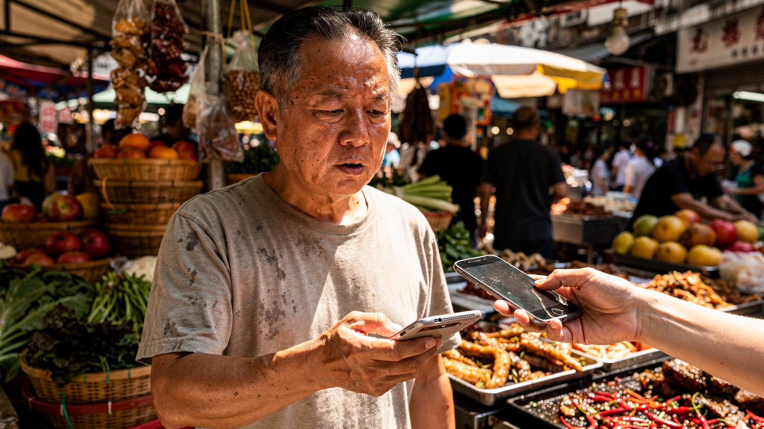 在香港繁忙的街市中，一名本地摊主正在使用智能手机进行移动支付，背景是琳琅满目的商品和熙熙攘攘的人群。