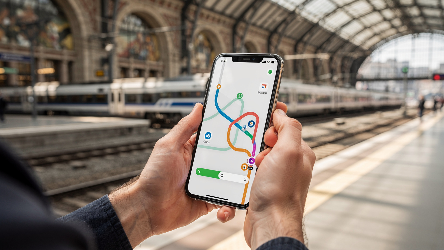 Manos de un viajero utilizando una aplicación de transporte público en su teléfono mientras espera el tren en la estación de Amberes Central.