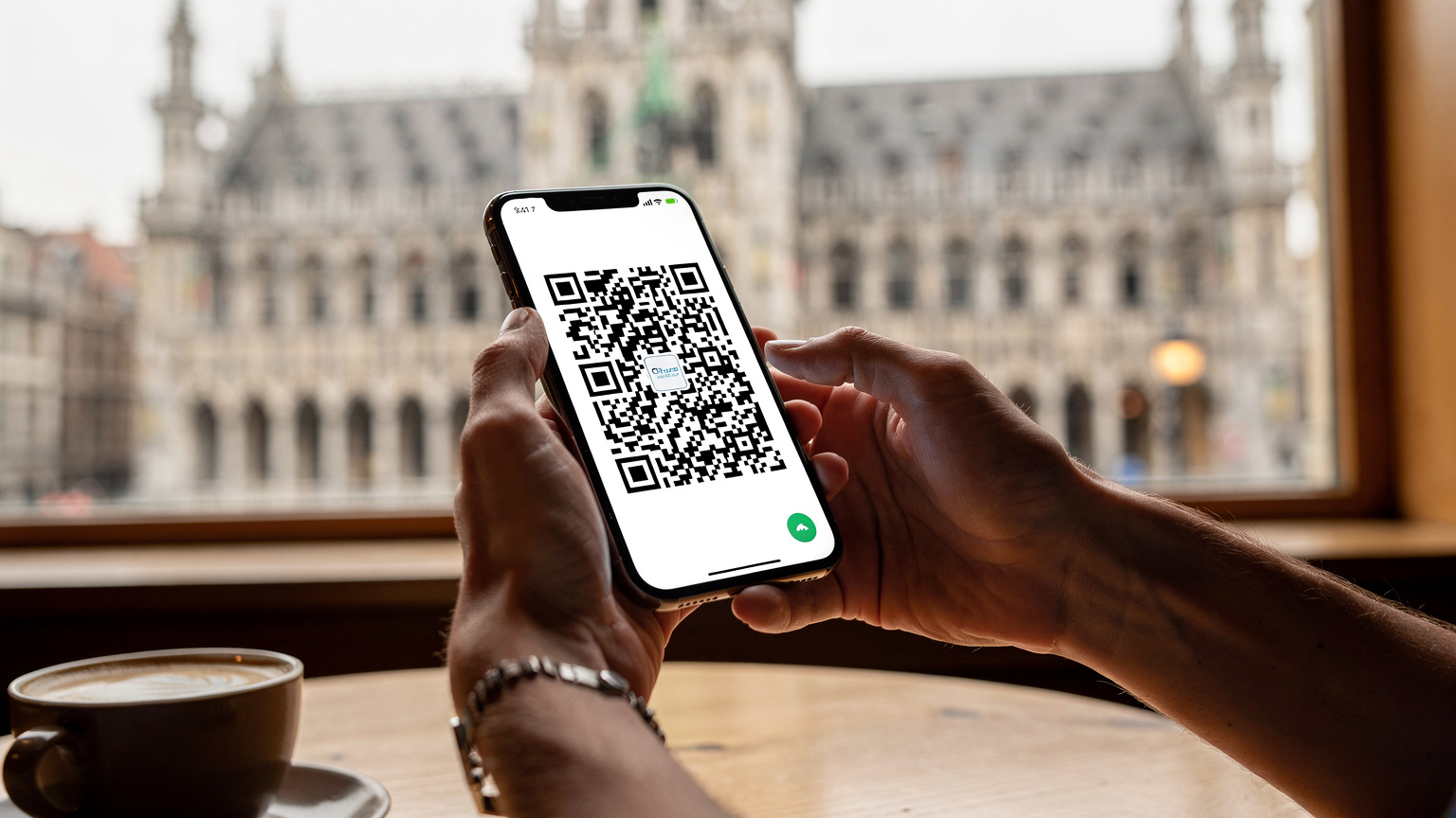 Un viajero activa su eSIM en un teléfono, sentado cómodamente en un café cerca de la Grand Place de Bruselas, con la icónica arquitectura de la plaza de fondo.