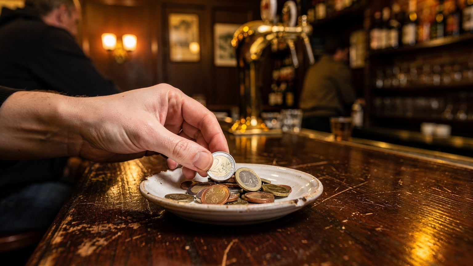 Una mano dejando unas monedas en un pequeño plato de propinas en la barra de un acogedor bar en Brujas, Bélgica.