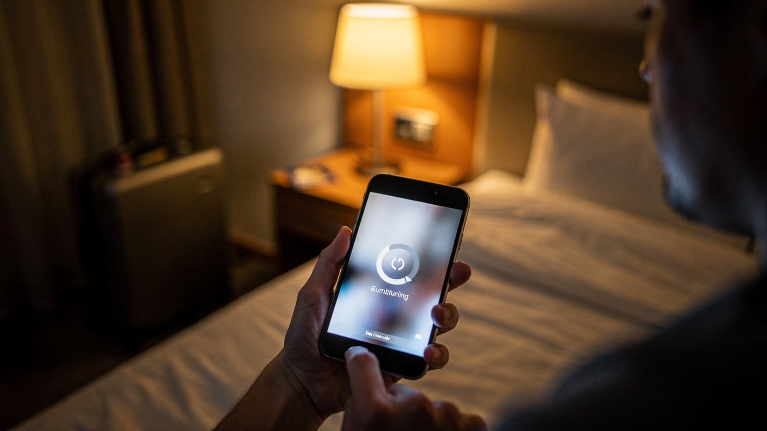 Close-up of a person's hand holding a phone, displaying a paused video streaming app with a prominent buffering circle, set in a dimly lit, cozy hotel room in Munich, Germany.