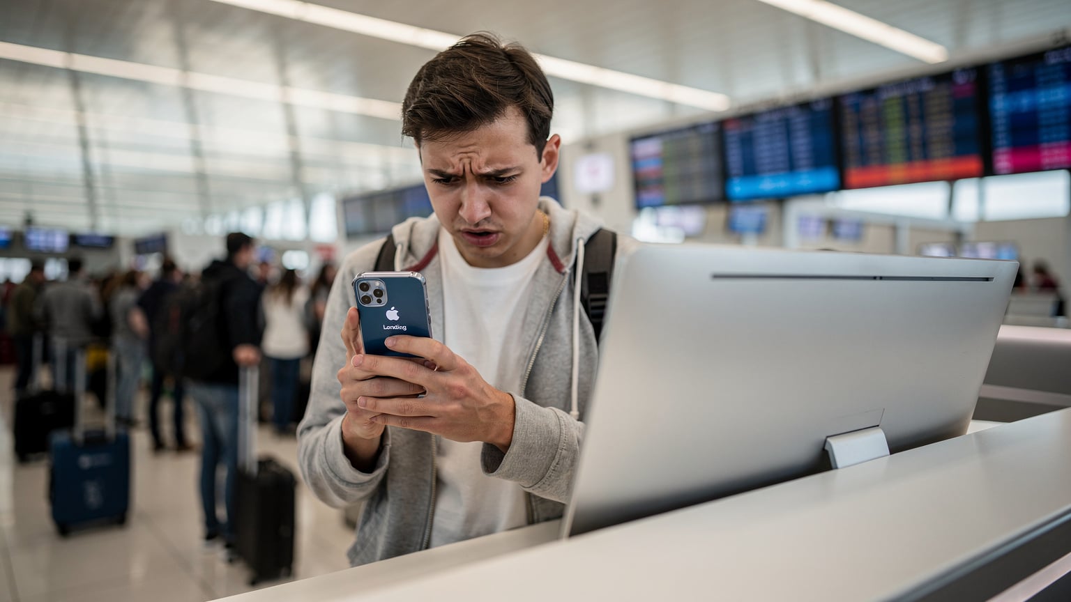 A person looking anxiously at their smartphone screen at an airport check-in desk in Istanbul, Turkey, with a loading symbol on the screen, indicating poor internet connection.