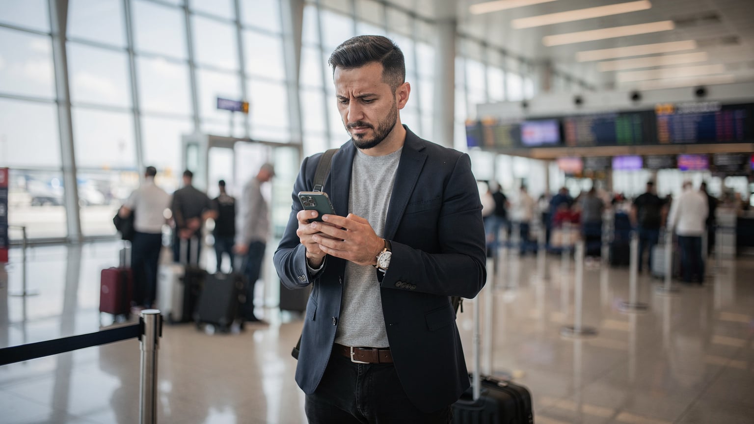 A traveler looks concerned at their smartphone screen while waiting in line at a busy airport terminal, suggesting connectivity issues.