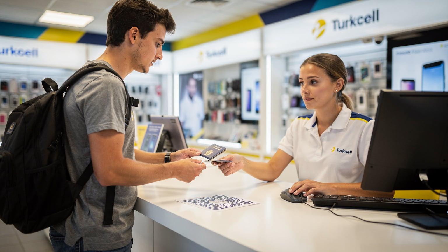 A tourist presents their passport to a Turkcell store employee, who is preparing an eSIM QR code.