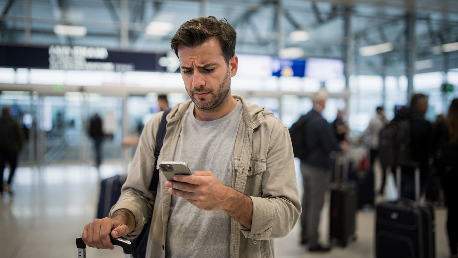 A close-up shot of a traveler's concerned face, holding an iPhone with a 'No Service' error displayed, at an international airport arrivals gate in Athens, Greece.