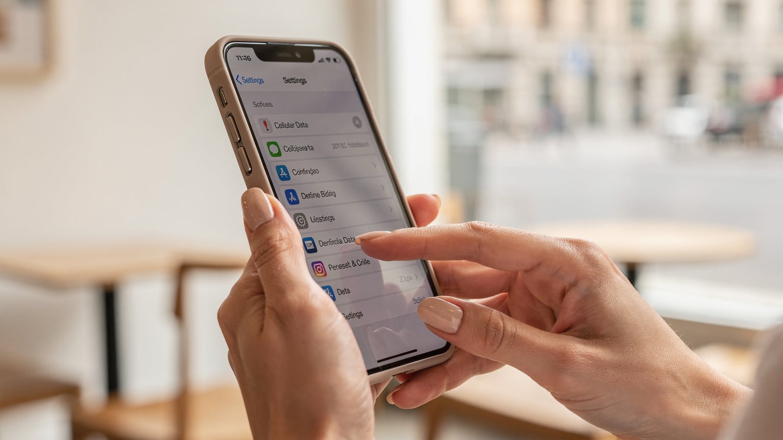 A close-up shot of an iPhone 14 Pro held by a woman in a cafe, displaying the 'Settings' menu, with her fingers poised to tap on 'Cellular Data'.