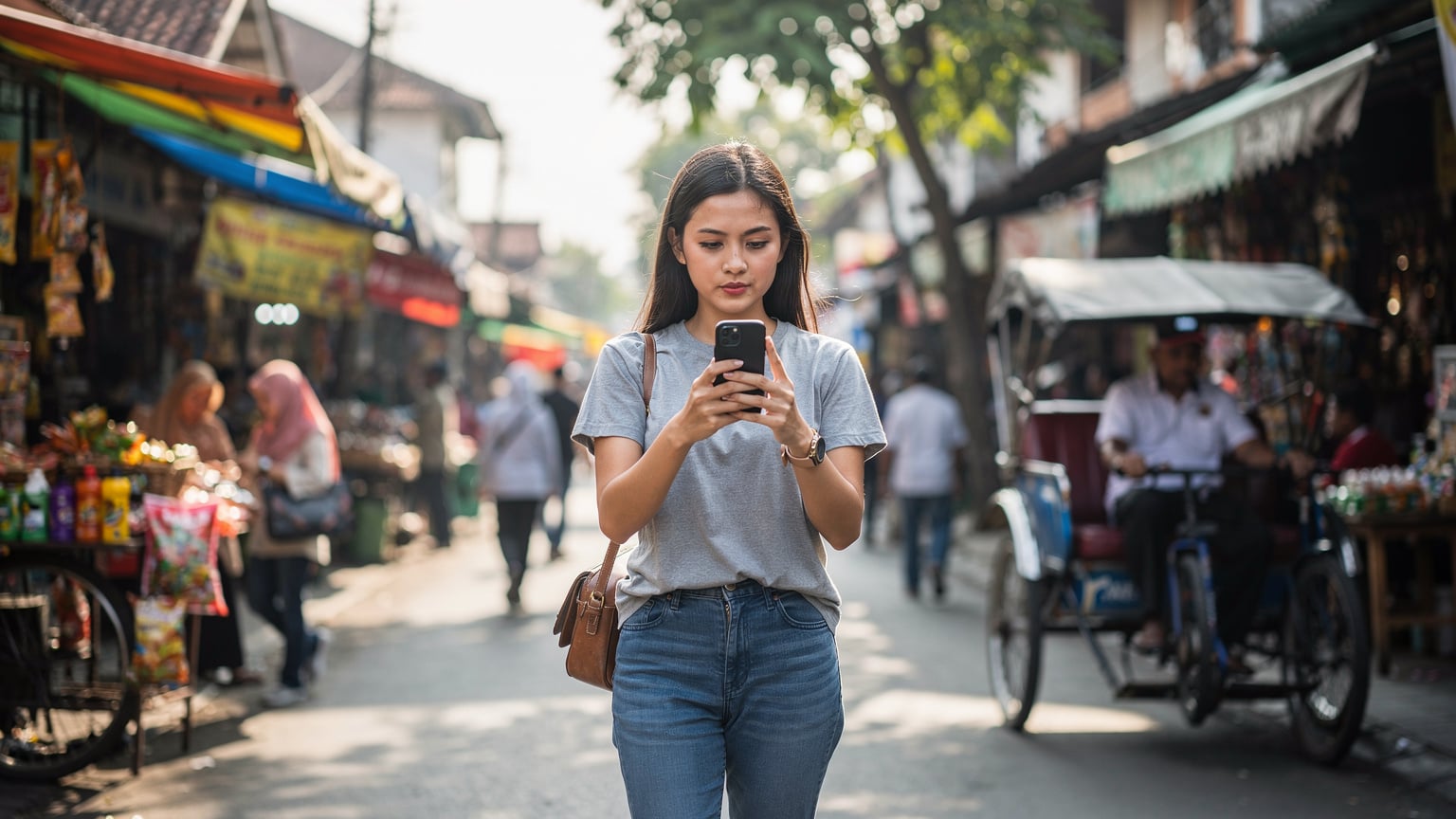 A woman walks along the crowded pedestrian street of Jalan Malioboro in Yogyakarta, glancing at her smartphone for navigation amidst the bustling street vendors and traditional becaks.