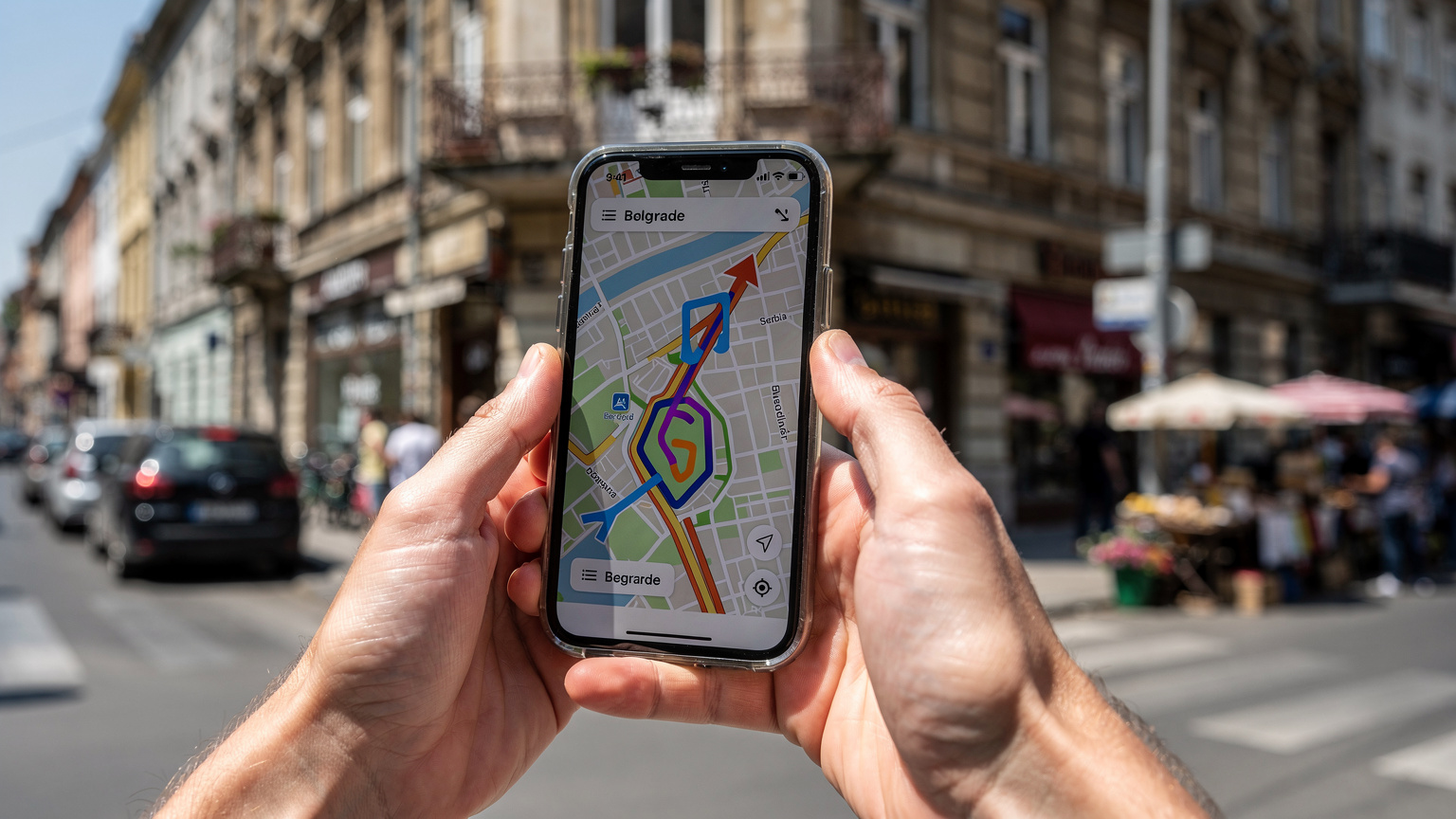 Nahaufnahme eines Smartphones in der Hand eines Reisenden, der eine digitale Karte von Belgrad, Serbien, mit Routeninformationen betrachtet, während er an einer belebten Straßenecke in Stari Grad steht.