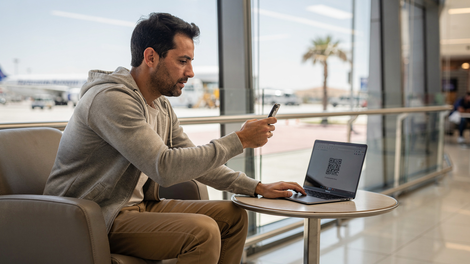 Un voyageur scannant un QR code eSIM affiché sur son ordinateur portable avec son iPhone, dans un coin calme près d'une fenêtre de l'aéroport de Casablanca, avec des palmiers visibles à l'extérieur.