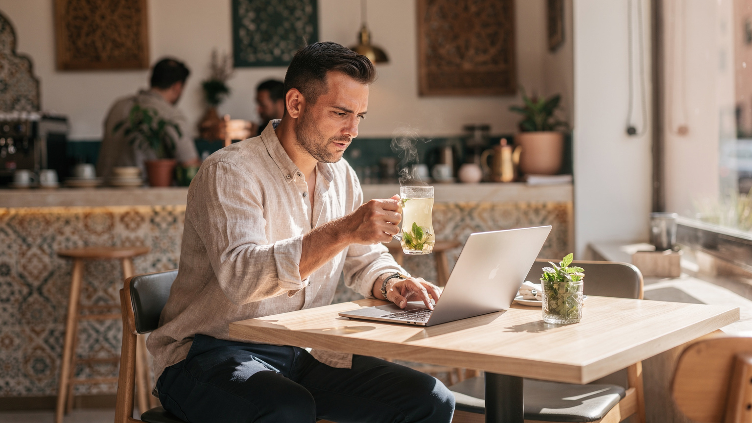 Un homme d'affaires nomade buvant un thé à la menthe et travaillant sur son ordinateur portable dans un café moderne et lumineux de Casablanca, avec des motifs géométriques marocains subtils.