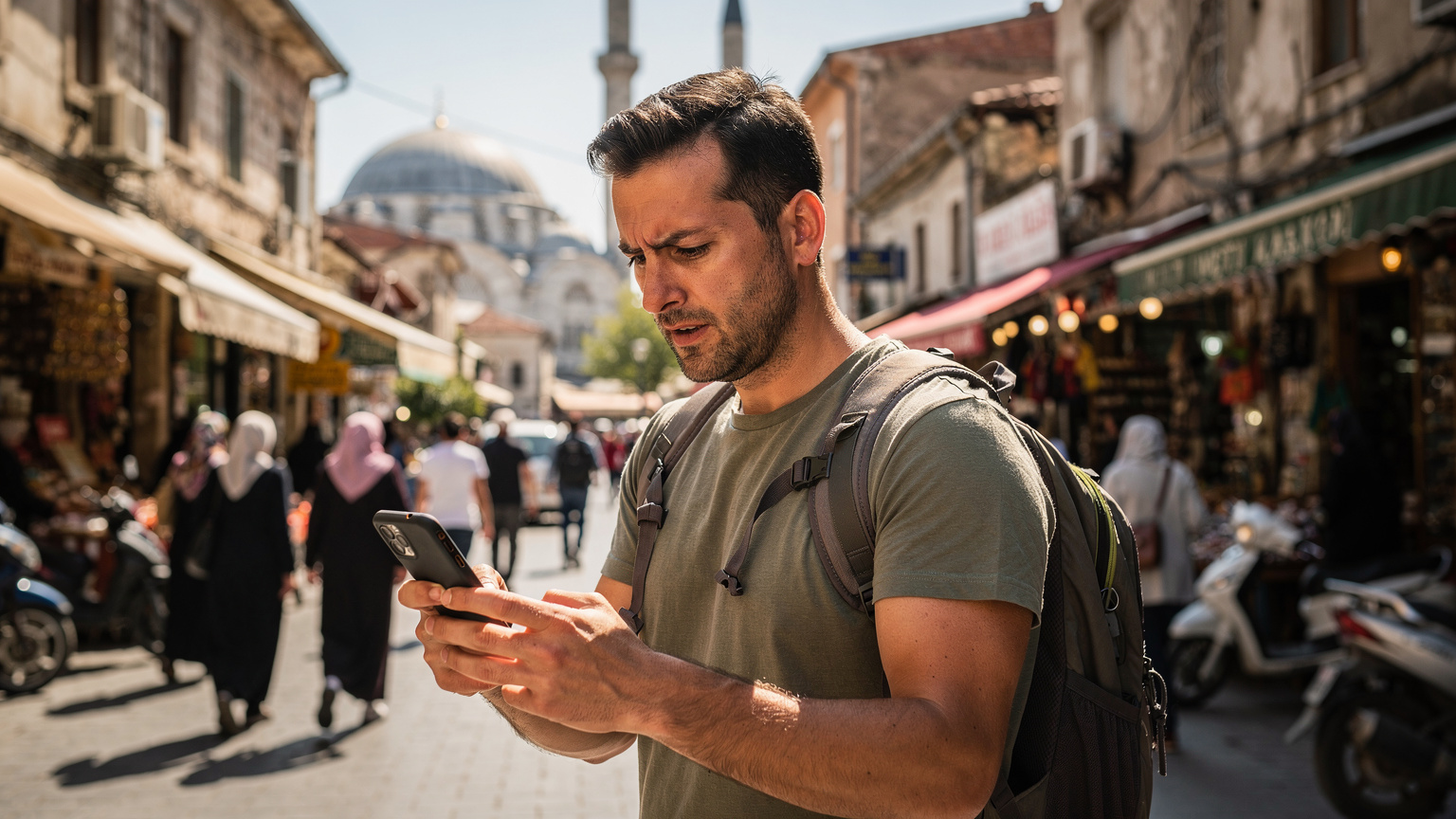 Un bărbat folosește Google Maps pe telefonul său, navigând pe străzile aglomerate din cartierul Fatih din Istanbul, în apropierea Moscheii Fatih.