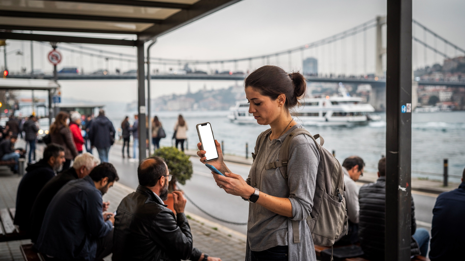 O călătoare consultă orarul autobuzelor la o stație aglomerată din apropierea Podului Galata din Istanbul, în timp ce alți oameni așteaptă în jurul ei.