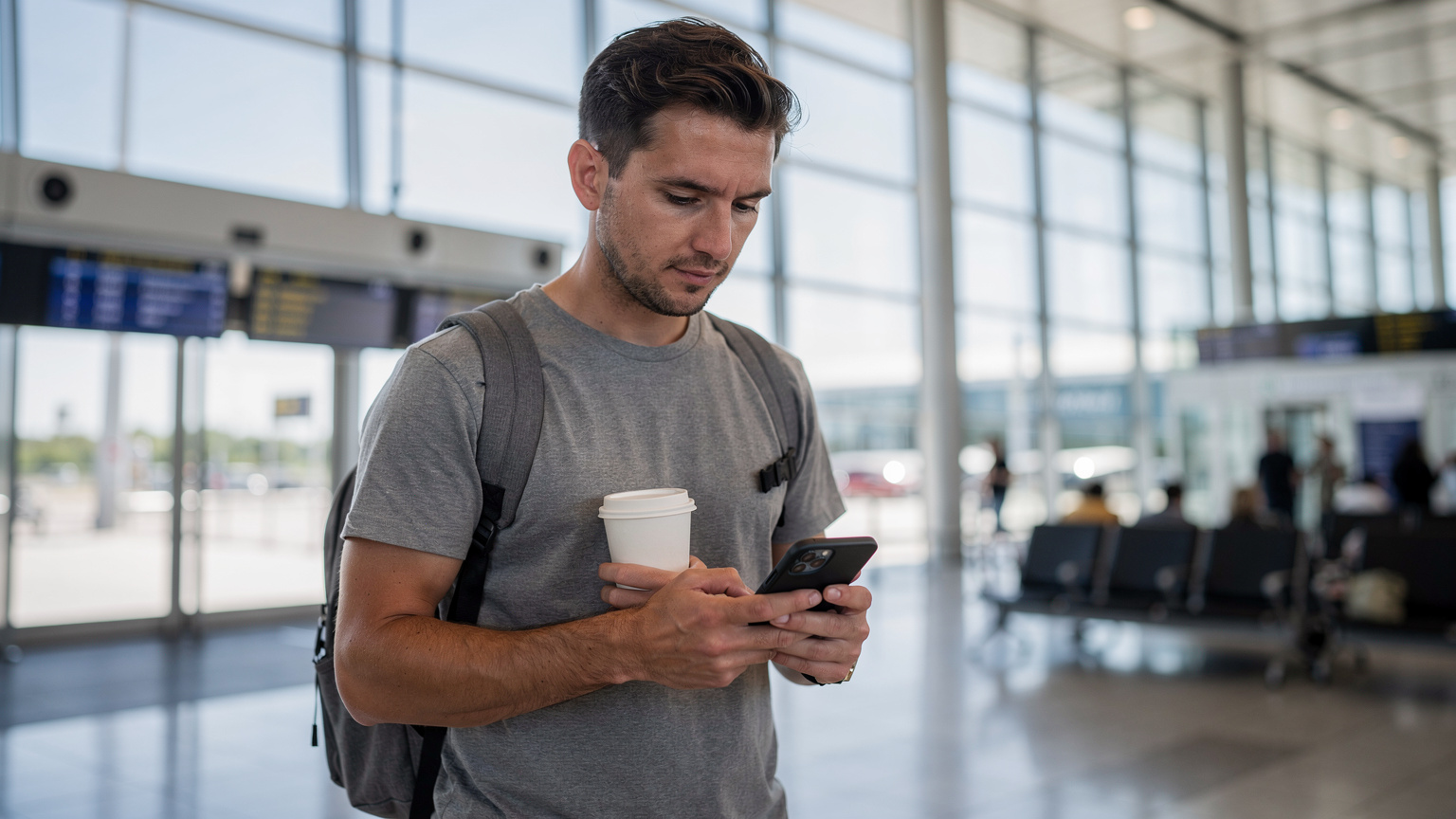 Ein Reisender am Flughafen Berlin Brandenburg (BER), mit einer Tasse Kaffee in der Hand, blickt auf sein iPhone 11 und checkt die Netzabdeckung auf einer digitalen Karte.