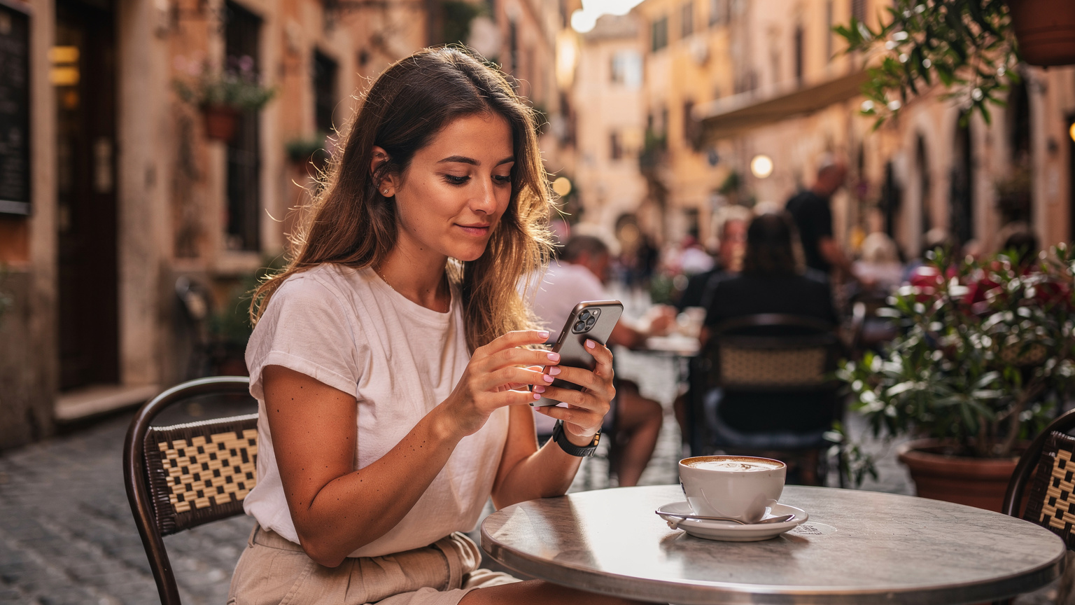 Eine junge Frau in einem Straßencafé in Rom, entspannt am Tisch sitzend, während sie auf ihrem iPhone 11 eine eSIM aktiviert und dabei einen Cappuccino genießt.