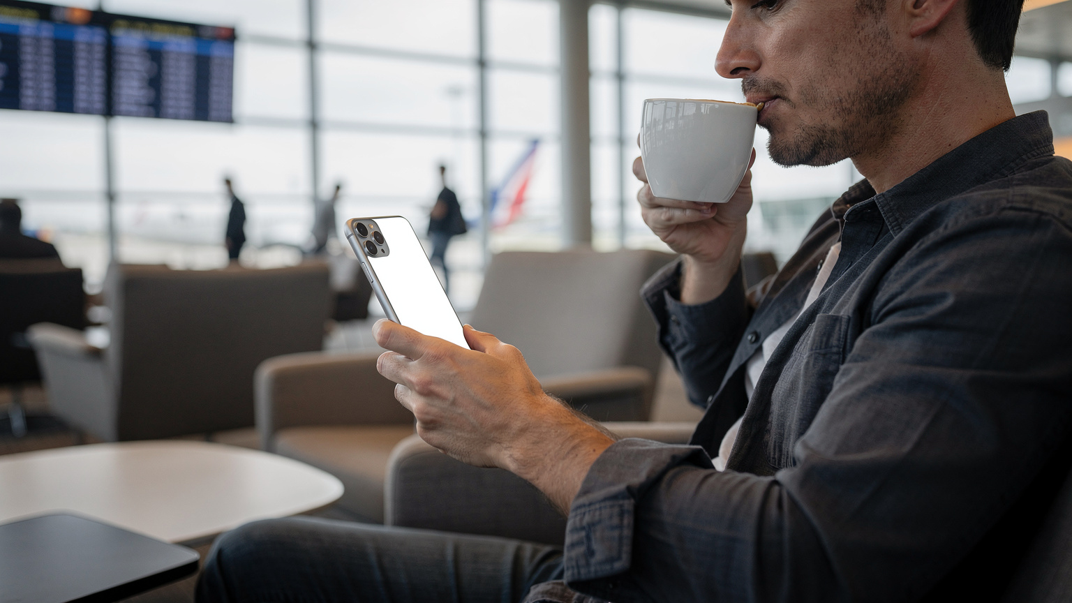 Eine Person hält ein iPhone 11, das einen QR-Code auf dem Bildschirm anzeigt, in einer modernen Flughafenlounge, während sie eine Tasse Kaffee trinkt.