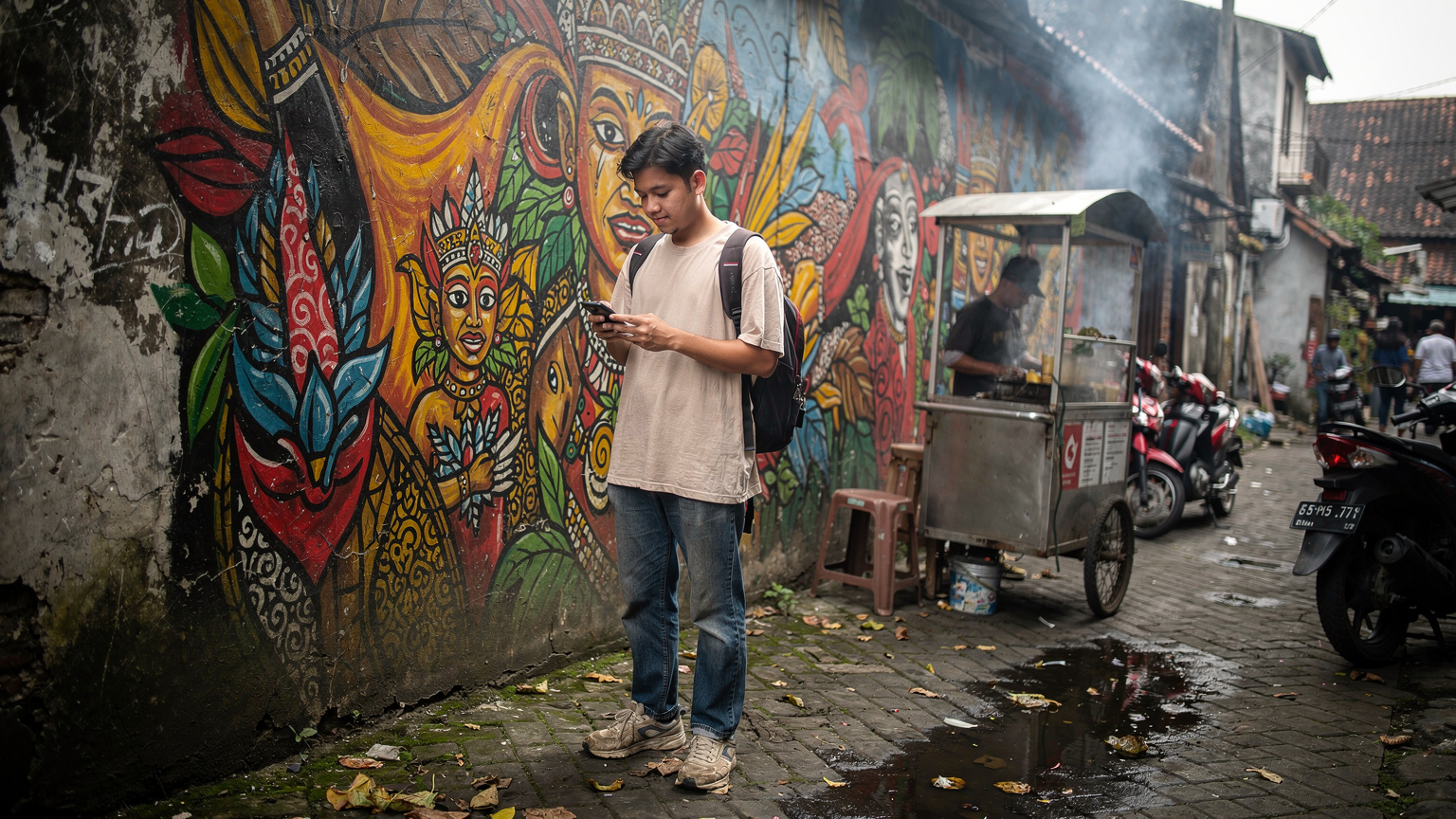A person standing in front of a colourful street art mural in Yogyakarta, checking their phone, with local street food vendors in the background.