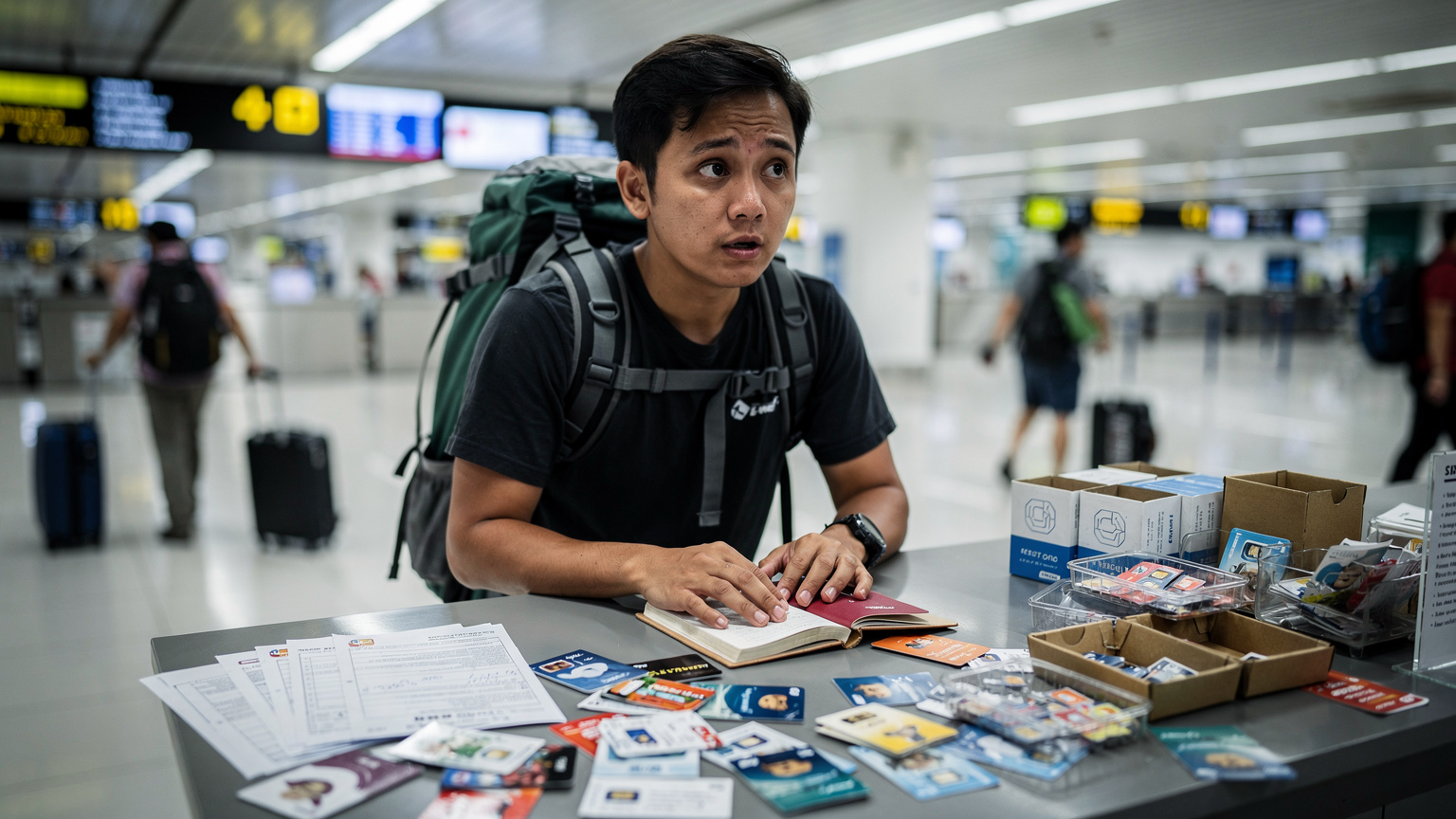 A traveler at a SIM card counter in an Indonesian airport, passport open, looking slightly confused by the process.