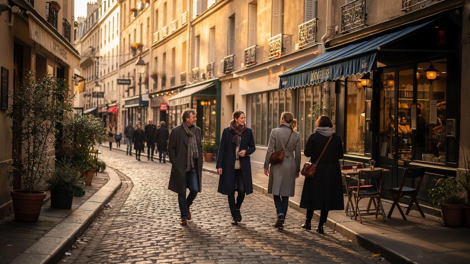 Une ruelle animée dans le quartier du Marais à Paris, avec une boulangerie traditionnelle en arrière-plan et des passants profitant de l'ambiance matinale.