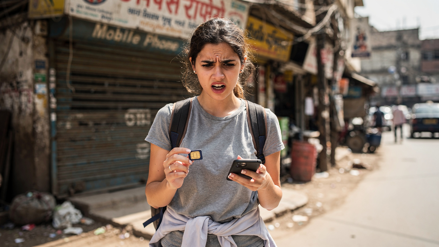 Une voyageuse l'air agacé et perdu, tenant son téléphone et une carte SIM physique à la main, debout devant une petite boutique de téléphonie fermée dans une rue animée d'une ville étrangère.