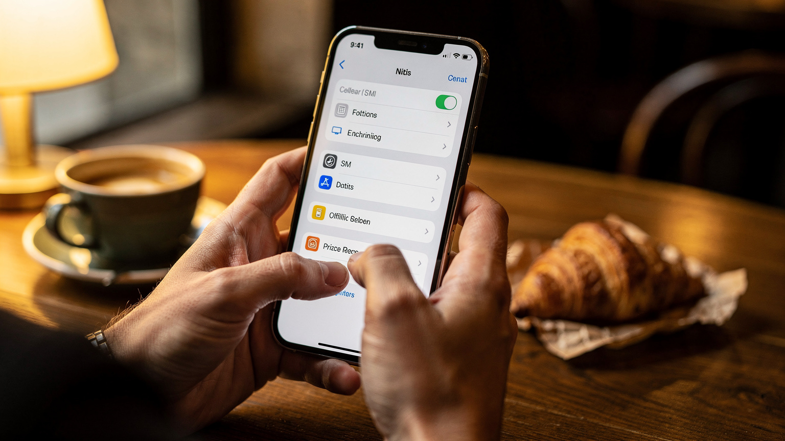 Un téléphone portable affichant l'écran de gestion des eSIM, avec des icônes de réseau et des options d'activation, tenu par des mains humaines dans un café parisien.