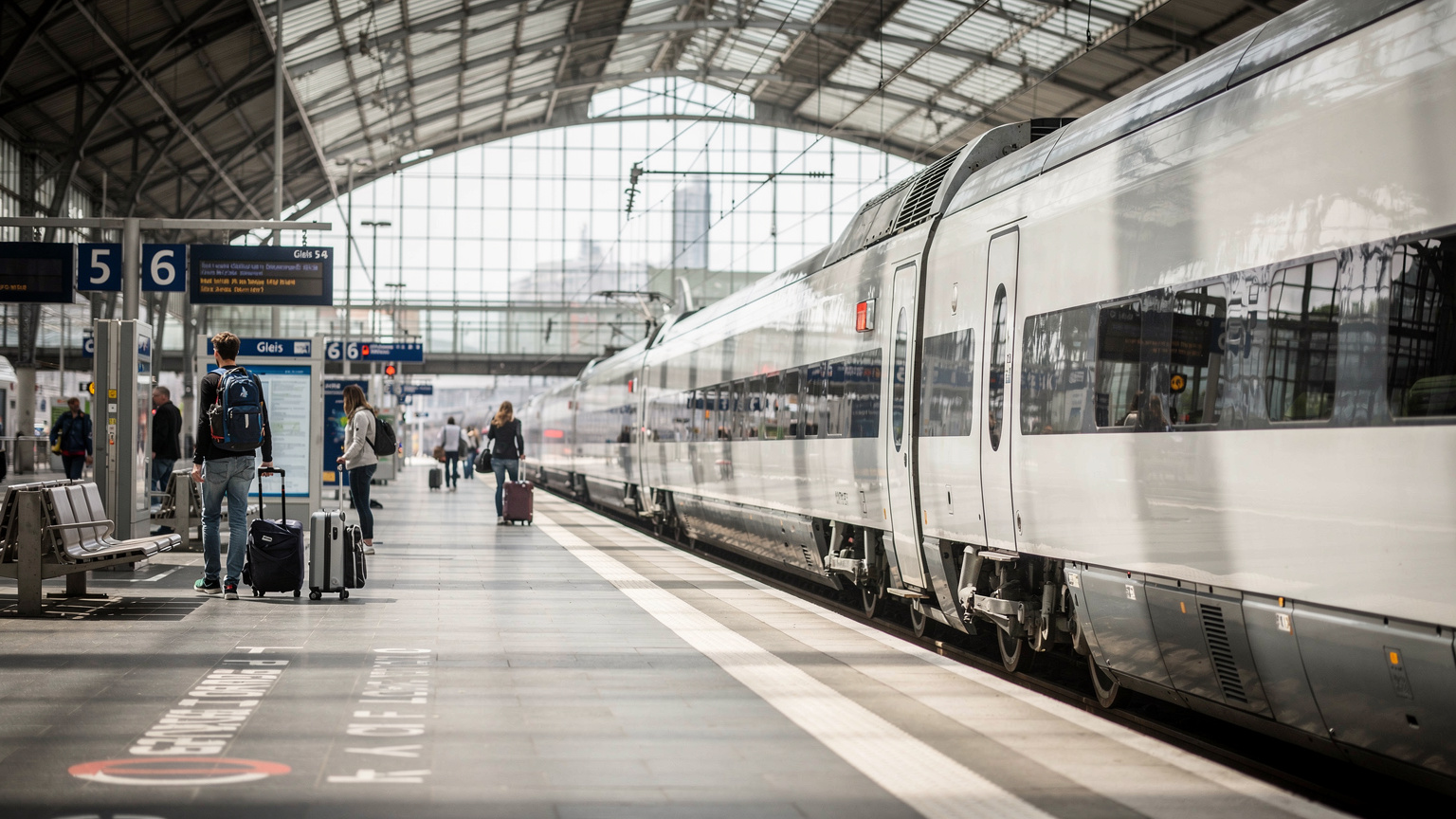 Une gare ferroviaire européenne moderne et lumineuse, avec des voyageurs attendant sur le quai et un train à grande vitesse garé, évoquant la fluidité des voyages transfrontaliers.
