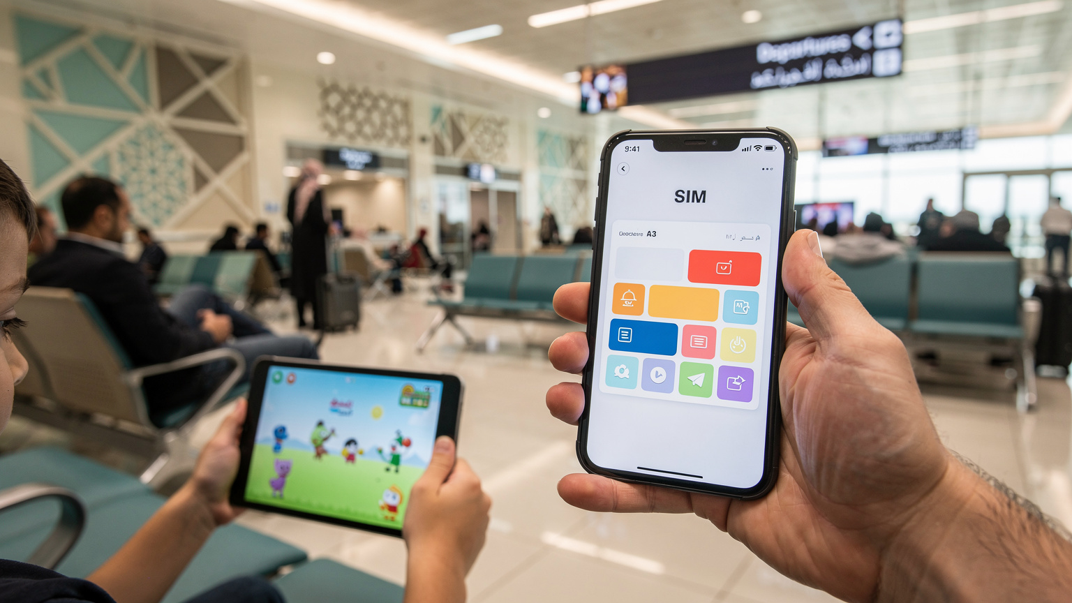 صورة مقربة لهاتف ذكي يعرض شاشة إدارة باقة eSIM، مع يد طفل تحمل جهاز iPad في الخلفية داخل صالة انتظار مطار بغداد الدولي.