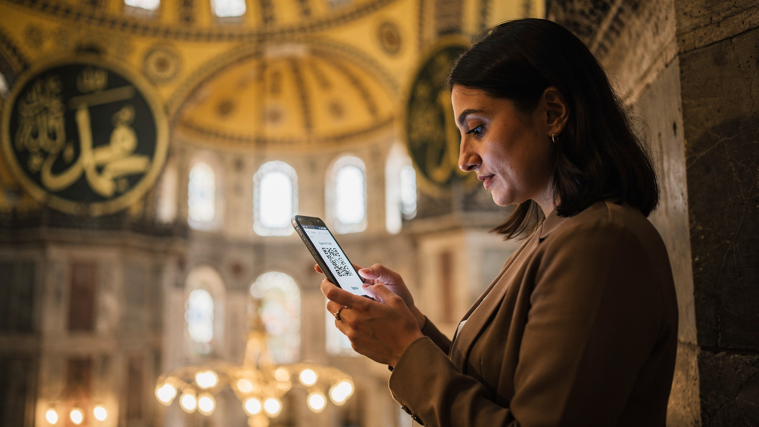 Ayasofya'nın kubbesi altında, bir kadın akıllı telefonunda eSIM kurulumu için gelen QR kodunu tarıyor.