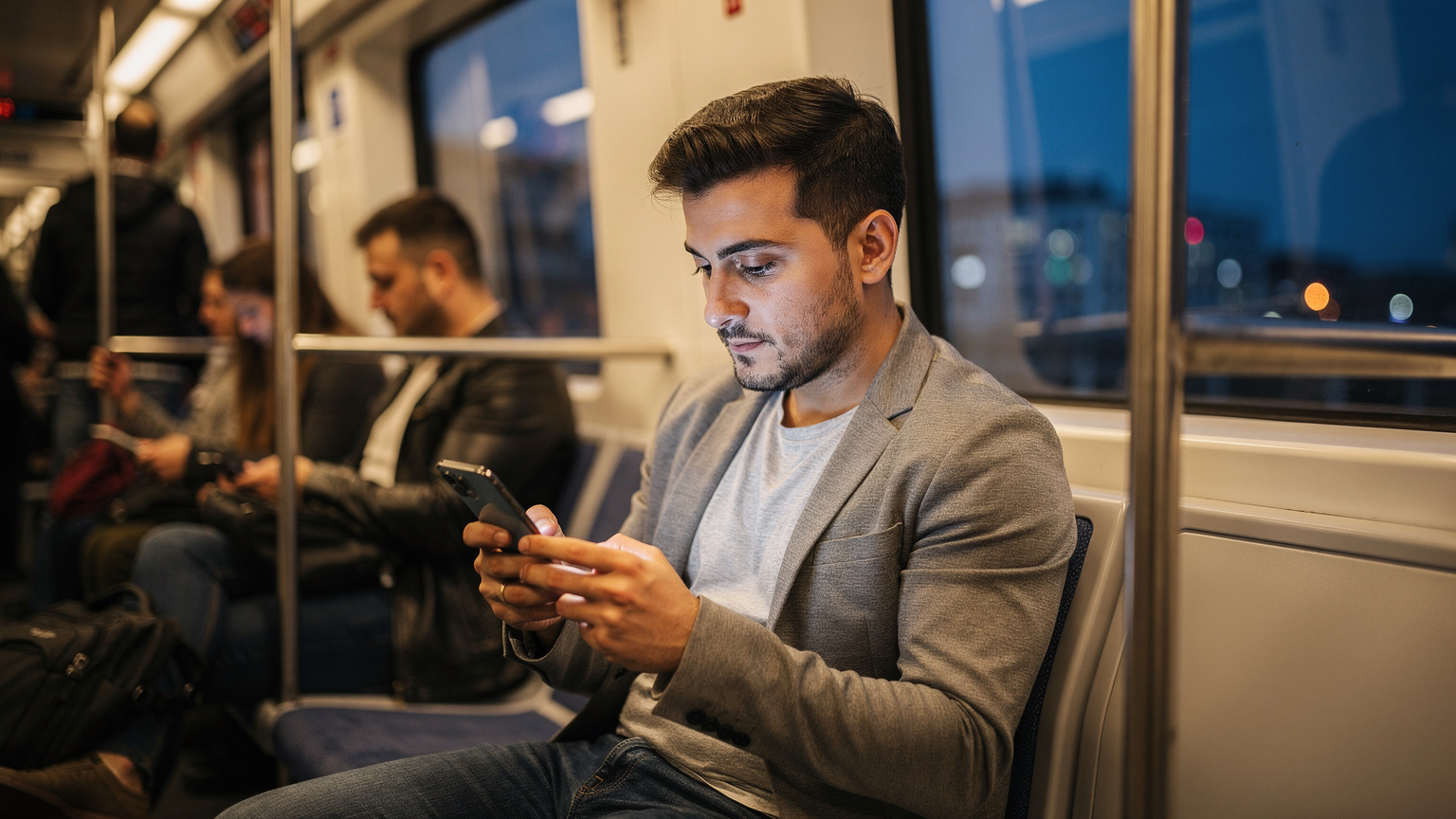 Toplu taşıma aracında oturan bir adam, telefonunun hücresel ayarlar menüsünde eSIM'i etkinleştirme seçeneğini inceliyor.