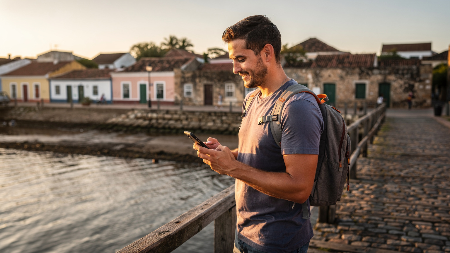 Un viajero consulta su teléfono en el muelle de Colonia del Sacramento, con las casas históricas al fondo y un atardecer suave.